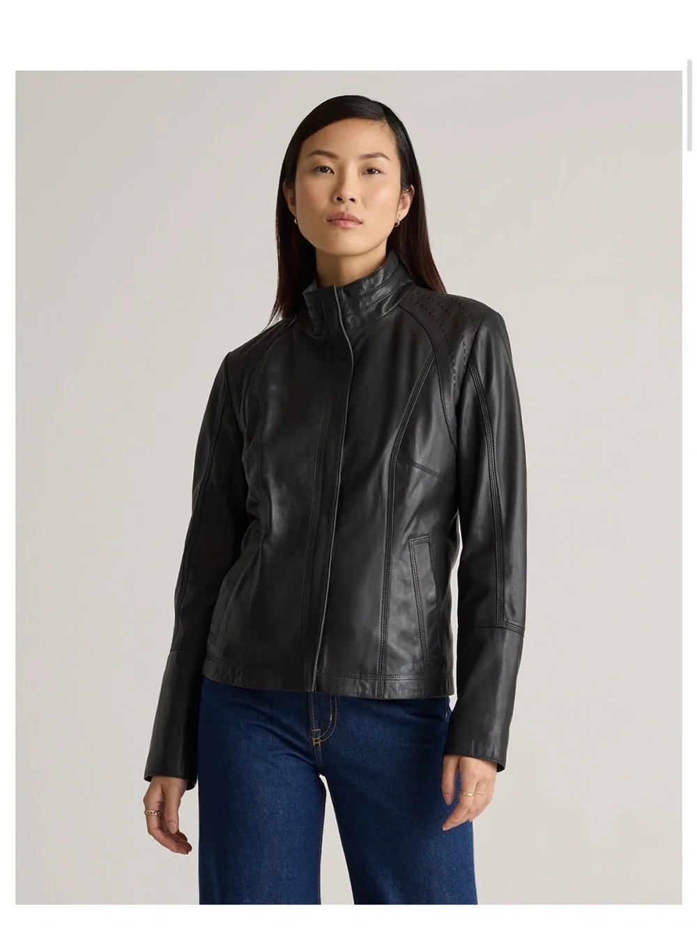 Quince Stand Collar Black Leather Jacket for Women